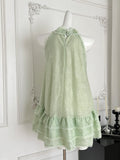 Light Green Ruffle Hem Floral Trimmed Halter Dress