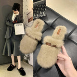 Fur Slippers Women's Outerwear Mules Shoes Flat