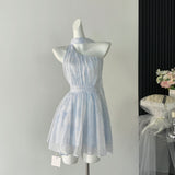 Delicate Waistband Soft Pleating Asymmetrical Blue Dress