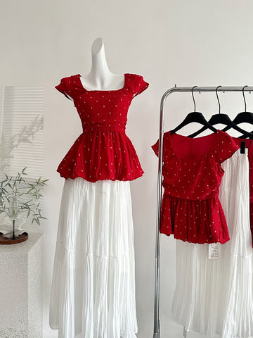 Square Neck Red Blouse Puff Sleeves White Maxi Skirt