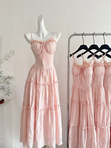 Ruffled Layers Spaghetti Strap Pink Maxi Dress