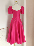 Square Tea Length Fuchsia Short Sleeve Satin Homecoming Dress