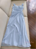 Ruched Tea Length Sheath Column Blue Chiffon Party Dress