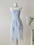 Ruffled Bodice Black Tulle Asymmetric Hem Dress