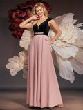 V  Neck Black & Pink Beading Prom Dress With Pockets