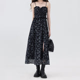 Vintage Black Floral Print Tiered Bustier Midi Dress