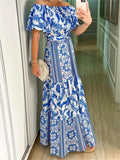 Blue Ruffle Print Off Shoulder Long Maxi Dress