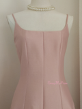 Pink Satin A Line Tea Length Spaghetti Straps Homecoming Dress