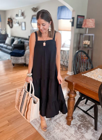 black tent dress Stretch Deco Crepe Tie-Neck Tent Dress
