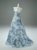 Print Flower A Line Sparkle Light Blue Prom Dress