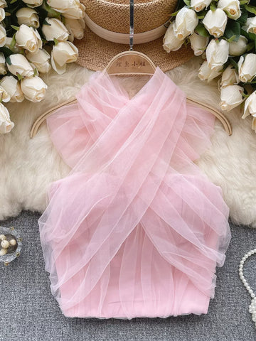 Ethereal Sophisticated Pink Tulle Top