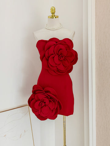 Short Mini Sheath Column Red Flower StraplessHomecoming Dress