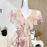 Ruffles V Neck Floral Print Chiffon Short Mini Dress