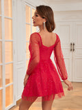 Tulle Overlay Festive Red Sequined Skater Dress