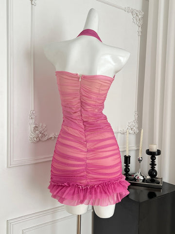 Tulle Ruched Mesh Pink Halter Mini Dress S Tulle Ruched Mesh Pink Halter Mini Dress S