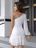 White Single Sleeve Ruffle Mini Dress