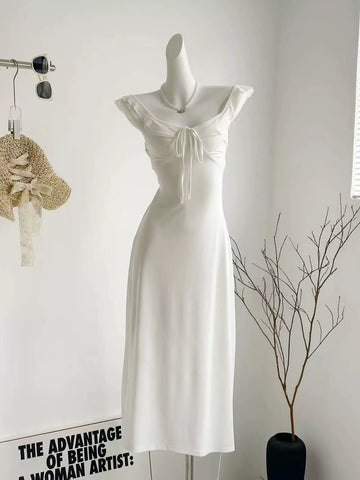 Bow-Tie Front White Off-Shoulder Maxi Dress