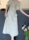 V-Neck Short-Sleeved High-Waist Mid A-Line Dress