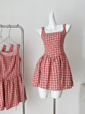 Stylish Red Checkered Sleeveless Short Dress