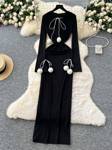 Knit Long Sleeves Black Maxi Dress