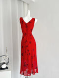 Black Floral Print V-Neckline Red Beach Dress