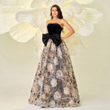 Gold Floral Embroidered Black Bow Prom Dress