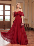 Off The Shoulder Ruffles Burgundy Sequin Prom Dress