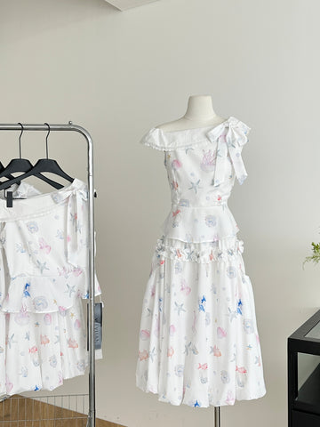 Ruffled Neckline Nautical Floral  White Dress