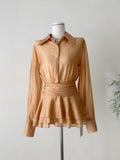 Ruffled Hem Waist Cinching Belt Sheer Silk Blouse