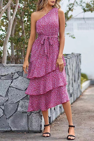 one shoulder ruffle trim dress Plus Women's One Shoulder Formal Dress | Statement Ruffle Trim Accent | Corset Back & High Split