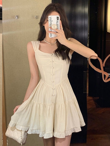 Elegant Ivory Ruffled Skirt Day Dress