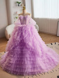 Purple Ball Gown Tulle Off The Shoulder Tiers Prom Dress