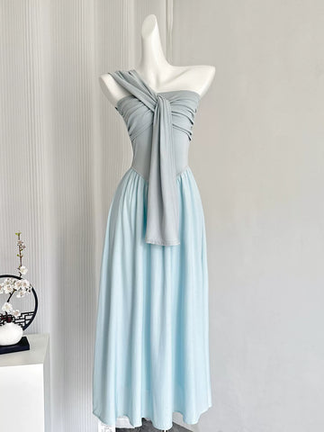 Timeless One Shoulder Summer Light Blue Maxi Dress