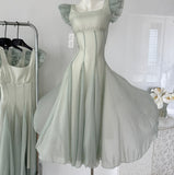 Sage Green Puffy Sleeve Summer Chiffon Long Dress