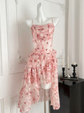 Layers Asymmetrical Pink Floral Strappy Dress