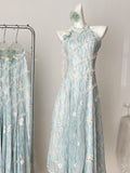 Summer Floral Light Blue Halter Maxi Dress