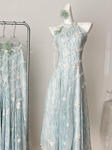 Summer Floral Light Blue Halter Maxi Dress