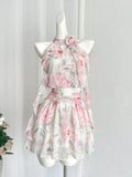 Bow-Tie Halter Neckline Ruffled Skirt Floral Mini Dress