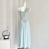 Timeless One Shoulder Summer Light Blue Maxi Dress