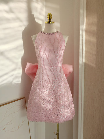 Sparkle Pink Short Mini Bow Beading Jewel Sequin Homeming Dress