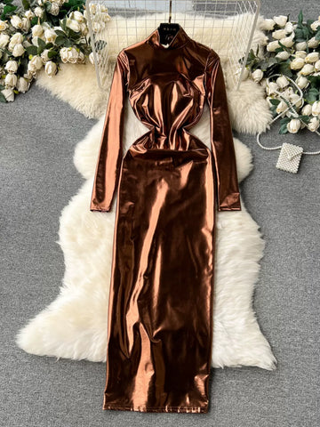 Shimmering Cocoa Long Sleeve Gown