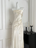 Floral Embellishments Elegant Satin Slip Dress