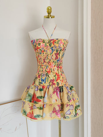 Print Short Mini A Line Floral Halter Ruffles Homecoming Dress