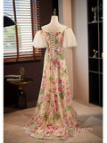 Cap Sleeve Flower Print Tulle Beading Sweetheart Prom Dress