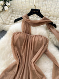 Soft Brown Long Drape  Halter Neck Dress