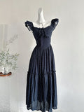 Blue Polka Dot Square Neck Tiered Midi Dress