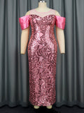 Pink Sexy Mesh Cold Shoulder Sequined Dress