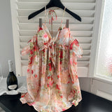 Halter Neck and Puff Sleeves Stylish Floral Dress