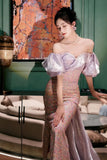 Sweetheart Trumpet Mermaid Puffy Sleeve Sequin Prom Dress