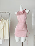 Bow & Lace One Shoulder Pink Satin Dress